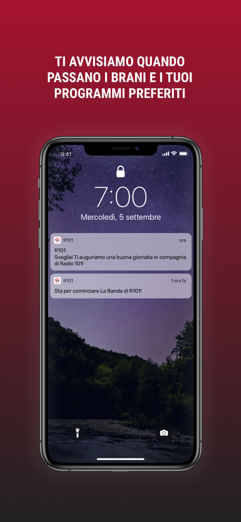 R101 - iPhone lock screen showing push notifications from the R101 Italian radio app alerting about favorite programs