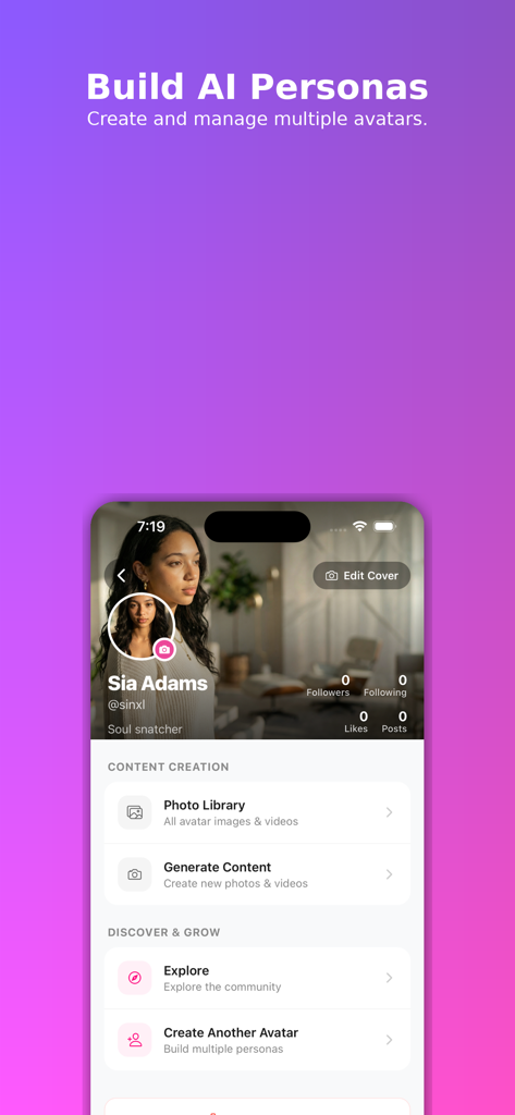 Moji AI - AI Influencer Pro - Moji AI mobile app interface showing the build AI personas screen with a virtual influencer profile for Sia Adams.