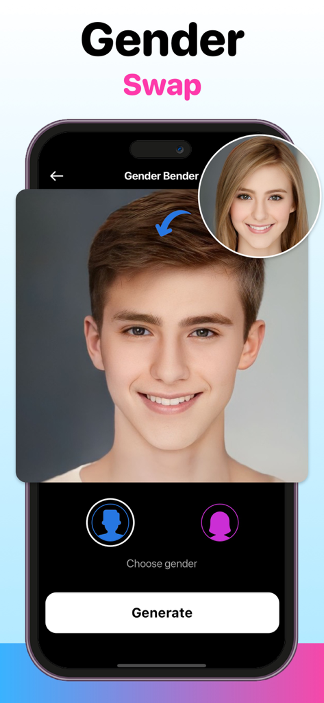 Smartphone app interface showing the AI gender swap feature transforming a male face into a female face.
