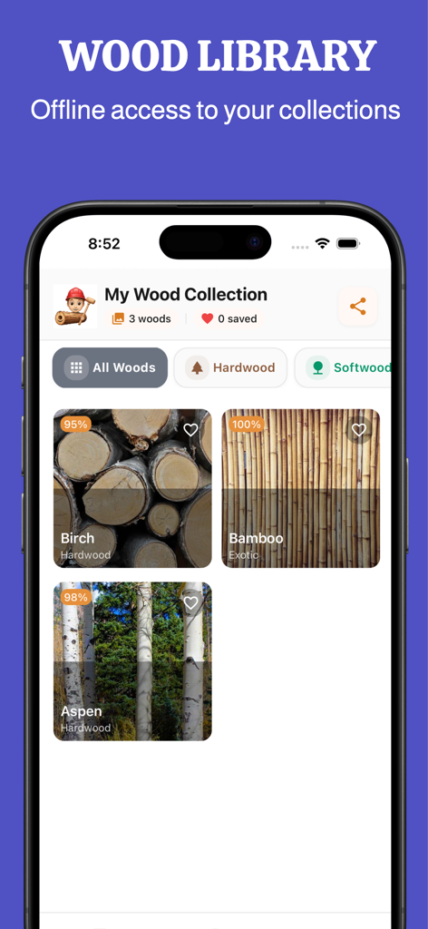 Wood identifier - Wood ID - Screenshot of the wood library screen in the Wood ID app showing a personalized collection of identified wood types like Birch and Bamboo with confidence scores.
