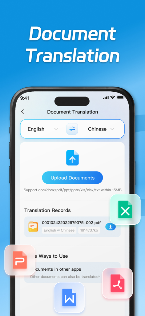 AI Translate - Translator - AI Translate app interface showing the document translation feature for multiple file formats like PDF and Word