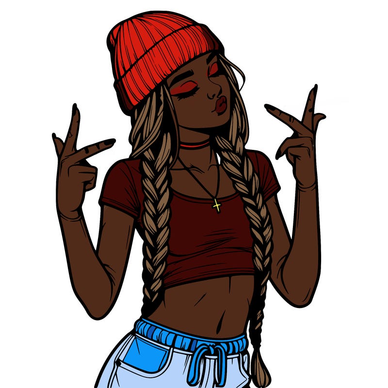 realistic teenage girl with braids and a beanie and crop top doing 🫶🏼