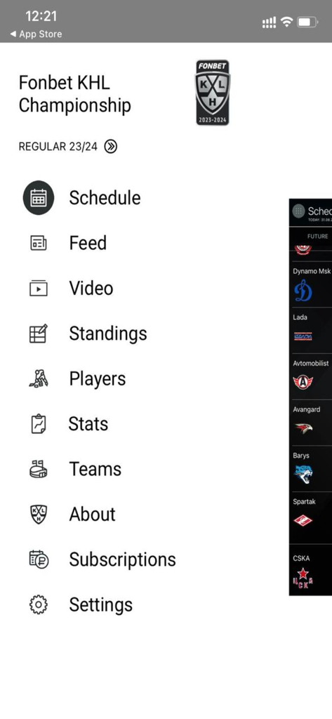 KHL 앱의 메인 메뉴 화면으로 일정, 순위, 선수 옵션을 보여줌