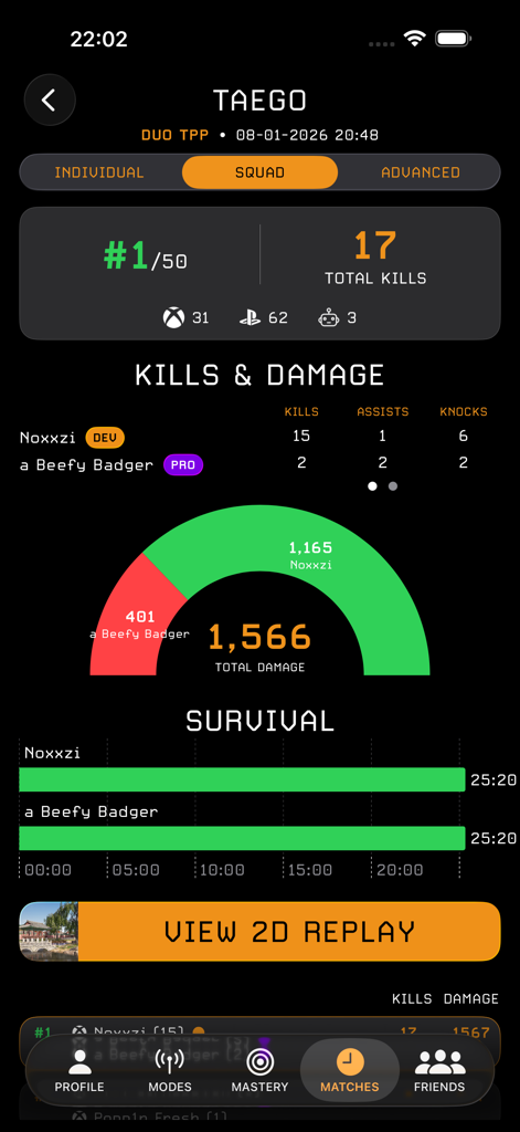 Squad match results in Stats Tracker for PUBG showing kills damage and survival timeline