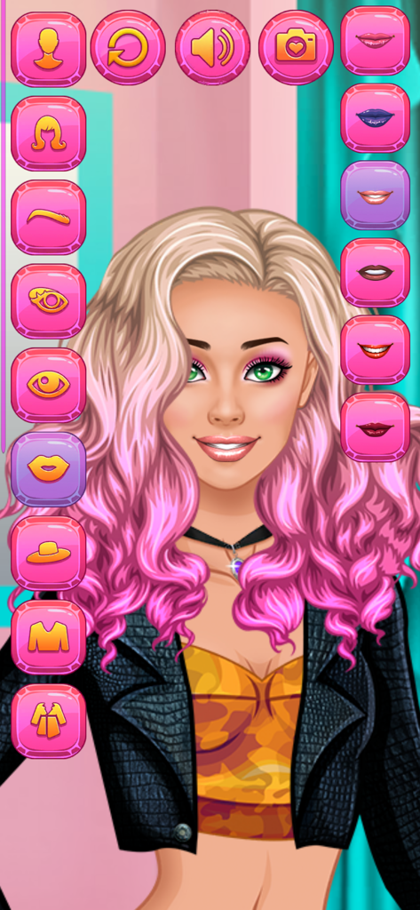 Schermata di personalizzazione del personaggio in un gioco di dress-up di moda con opzioni di trucco e acconciatura per un personaggio femminile