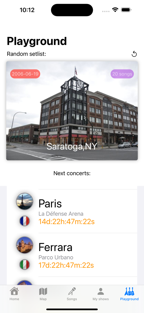 Playground screen of the Bruce Concerts app showing a countdown to upcoming shows in Paris and Ferrara and a random historical setlist from Saratoga.