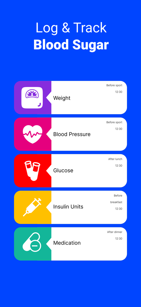 Blood Glucose Monitor・Diabetes - Glucoly App-Bildschirm zur Erfassung von Blutzucker, Gewicht, Blutdruck, Insulin und Medikamenten