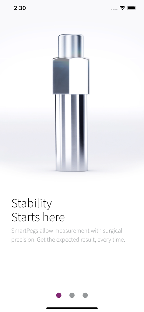 Écran d'introduction de l'application Osstell SmartPegs montrant un outil de mesure dentaire métallique et le texte La stabilité commence ici.