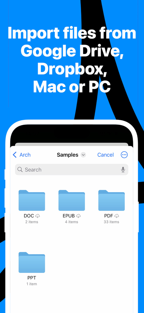 PDF Voice Reader - Docs Aloud - Interface do aplicativo Leitor de Voz PDF mostrando opções de importação de arquivos do Google Drive e Dropbox com pastas para documentos PDF, DOC, EPUB e PPT.