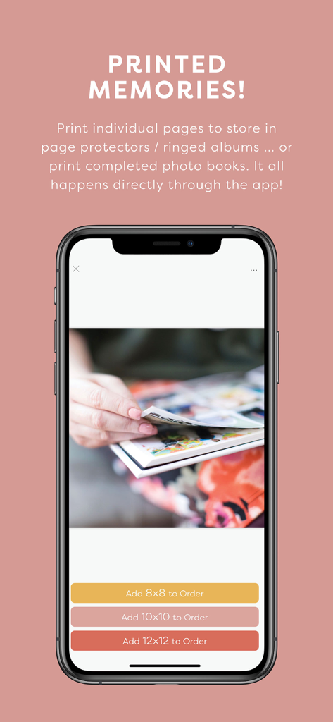 Project Life - Interfaccia dell'app Project Life che mostra le opzioni per ordinare fotolibri stampati in formati 8x8, 10x10 e 12x12