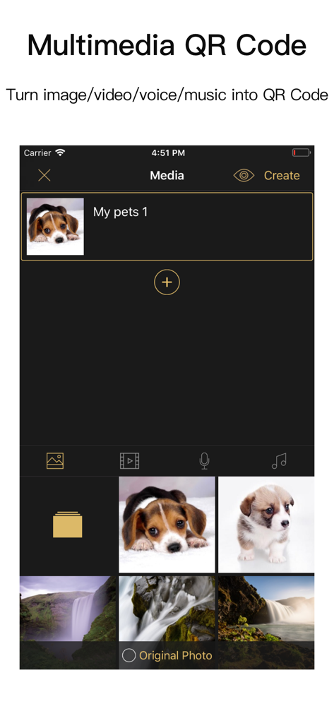 QR Code Studio Pro-QR Scanner - Interface of QR Code Studio Pro showing how to create a multimedia QR code from a photo