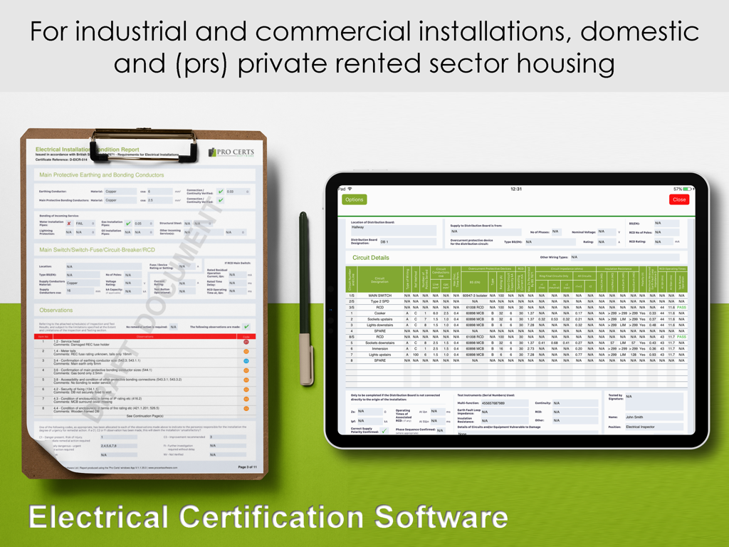Pro Certs - Pro Certs app on an iPad next to a traditional paper electrical report clipboard