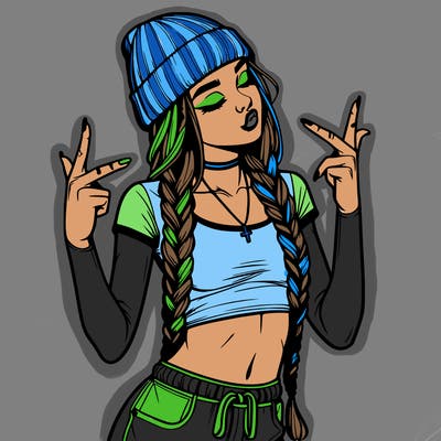 realistic teenage girl with braids and a beanie and crop top doing 🫶🏼