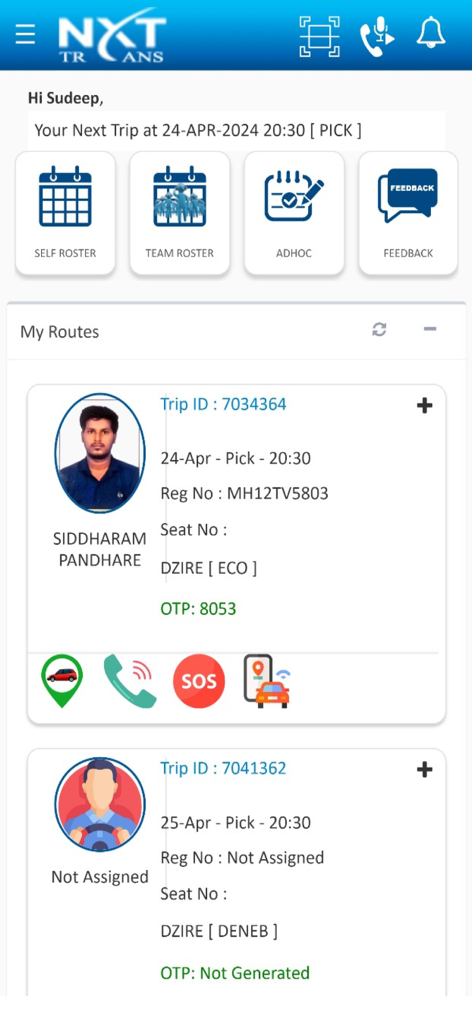NXT TRANS - Painel do aplicativo de transporte corporativo NXT TRANS mostrando detalhes da viagem, informações do motorista e recursos de segurança.