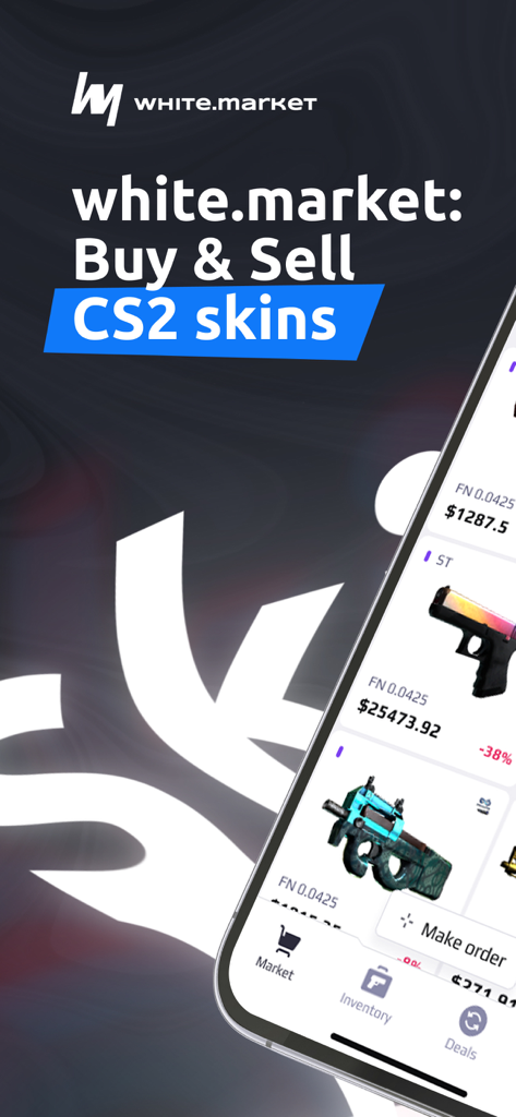 Die mobile App-Oberfläche von white.market zum Kaufen und Verkaufen von CS2 Skins