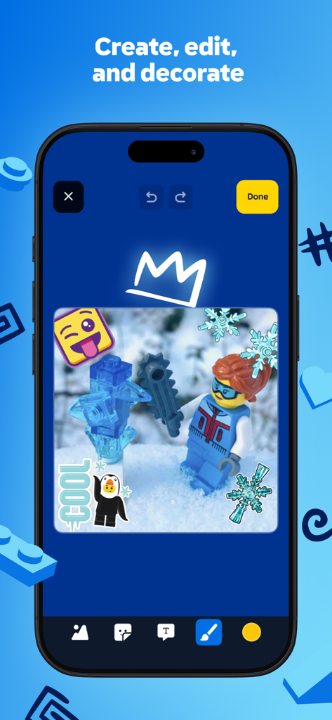 A screenshot of the LEGO Play app showing tools to edit and decorate photos of LEGO builds with stickers and drawings
