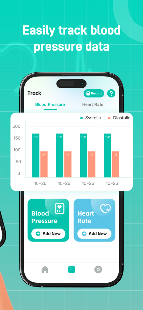 Interface of the Alod Blood Pressure app showing a bar chart of systolic and diastolic health readings and buttons to add data