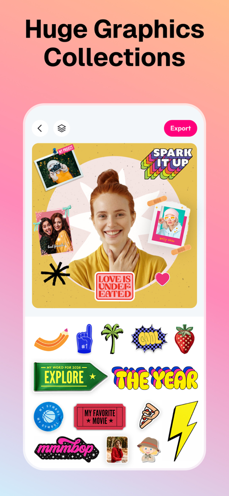 Flayer: AI Poster Maker, Flyer - ポスターデザイン用の多様なグラフィックとステッカーのコレクションを表示するFlayerアプリインターフェース