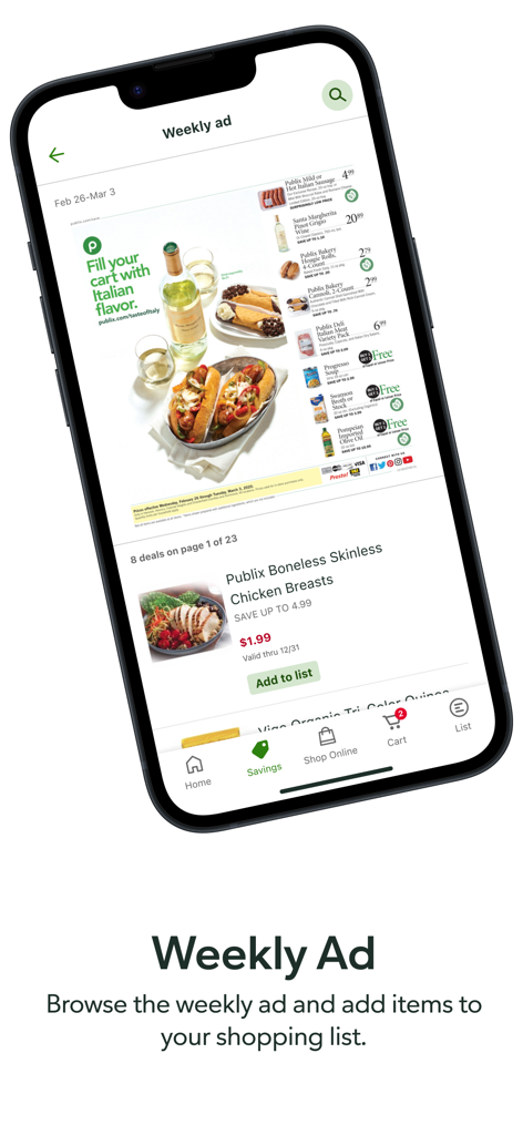 Publix - Publix app screen displaying a weekly ad flyer and grocery deals with an option to add items to a shopping list