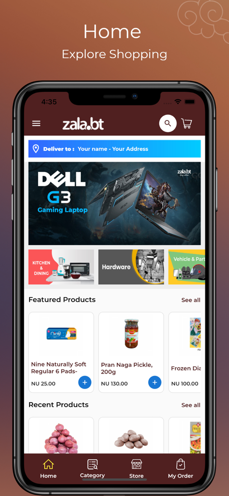 Home screen of the zala.bt shopping app showing featured products and categories like groceries and electronics