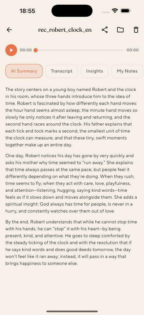 Bible Note Taker - Bible Note Taker app displaying an AI generated summary of a recorded story about faith and time