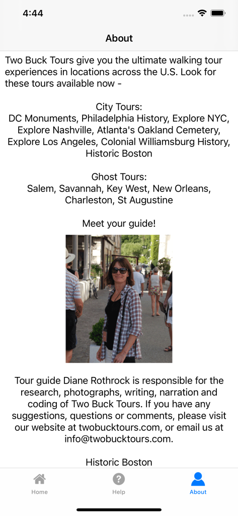Historic Boston - The About screen of the Historic Boston app listing available city and ghost tours with a photo of tour guide Diane Rothrock.