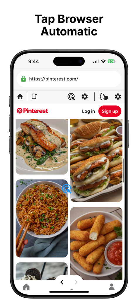 Auto Clicker : Auto Scroll - A smartphone screen showing the Auto Clicker and Auto Scroll app interface with an automated tap icon on a Pinterest web page