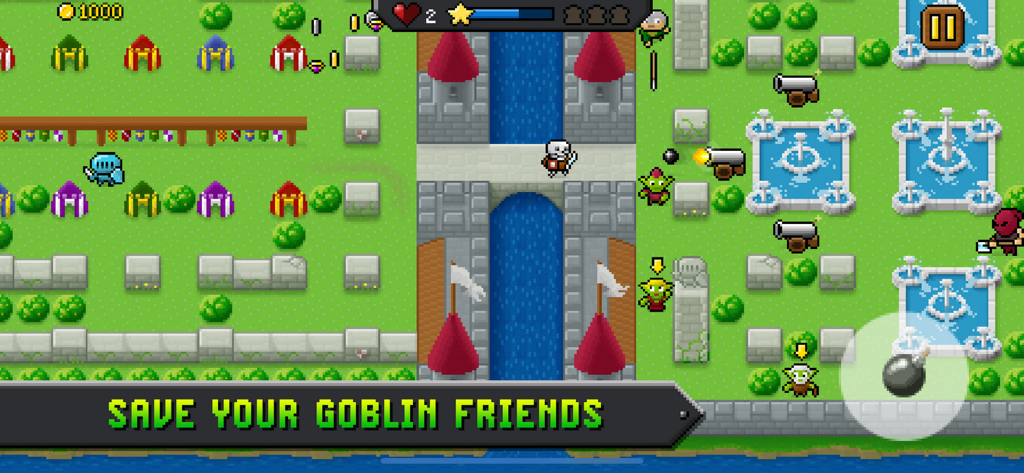 Boom Mania - Una escena de gameplay pixel-art de Boom Mania mostrando un nivel donde el jugador debe rescatar amigos goblins de enemigos