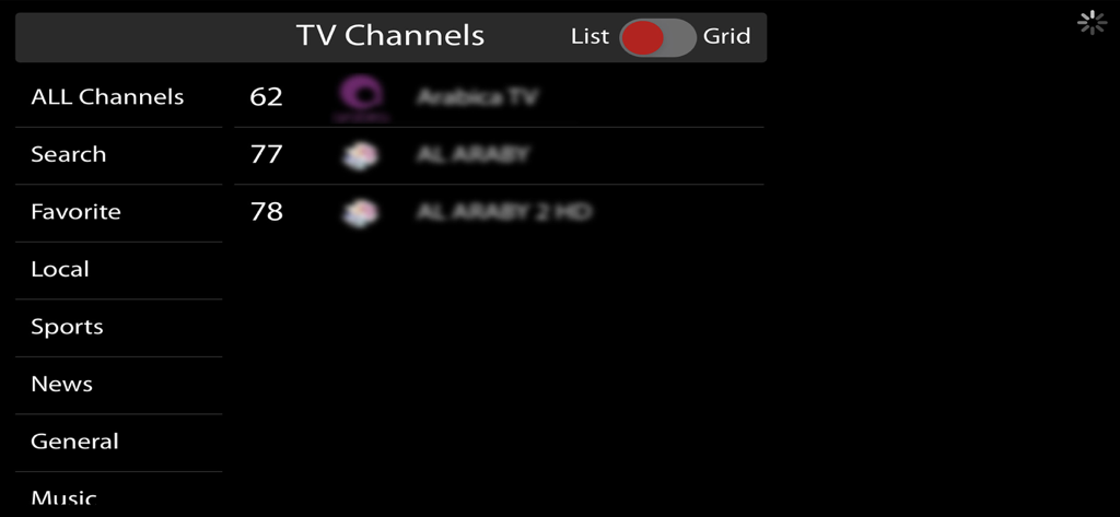 Libico - Interfaz de la aplicación Libico mostrando una lista de canales de TV árabes.