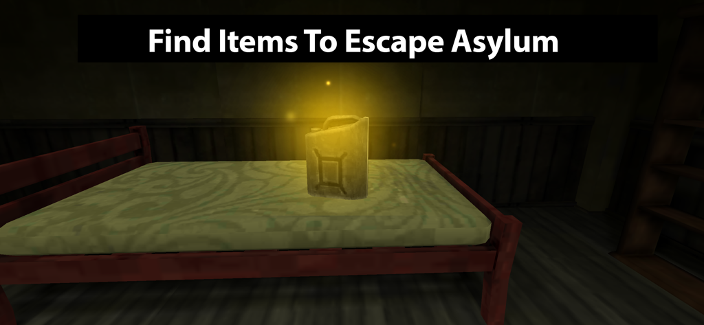 A glowing yellow gas can sitting on a bed in a dark room in the game Asylum 77.