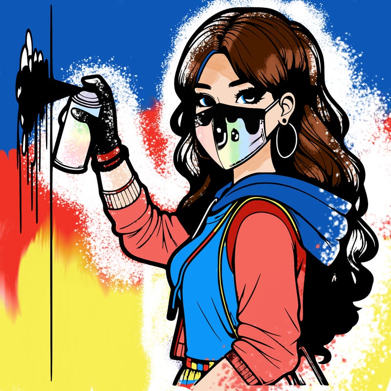 realistic girl with mask spray painting a wall