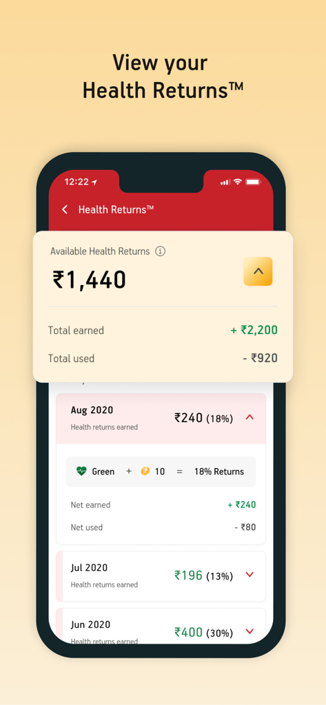 Activ Health - HealthReturnsの残高と月間特典履歴を表示するActiv Healthアプリのダッシュボード