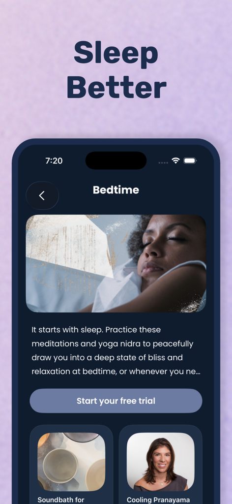 Yoga Wake Up: Alarm & Stretch - Yoga Wake Up app screenshot showing the Bedtime section with sleep meditation options and a Sleep Better headline.