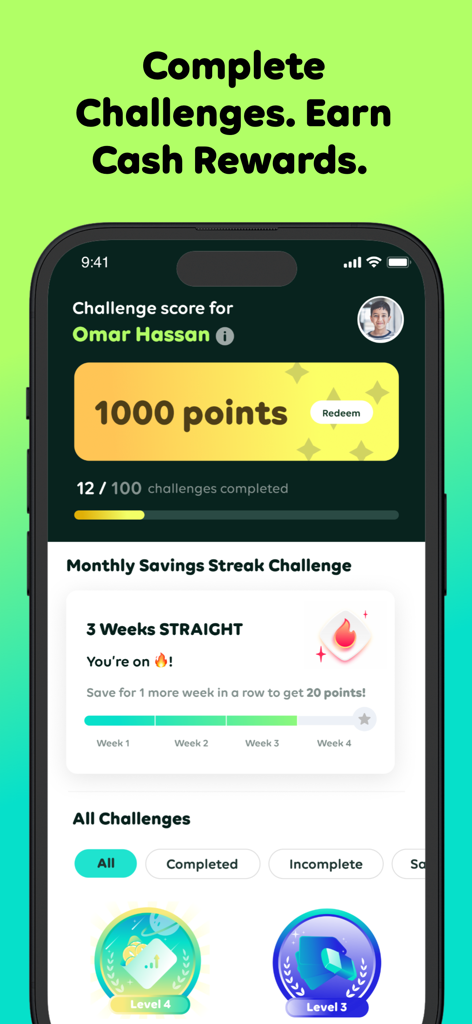 Leap - Youth Financial App - Leap app screen showing gamified financial challenges and reward points for youth users