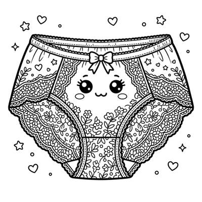 Get ready to add a splash of color to these utterly charming Kawaii lace briefs, featuring a delightful smiling face and intricate floral patterns. This unique coloring page blends playful cuteness with elegant detail, perfect for a relaxing and creative session.