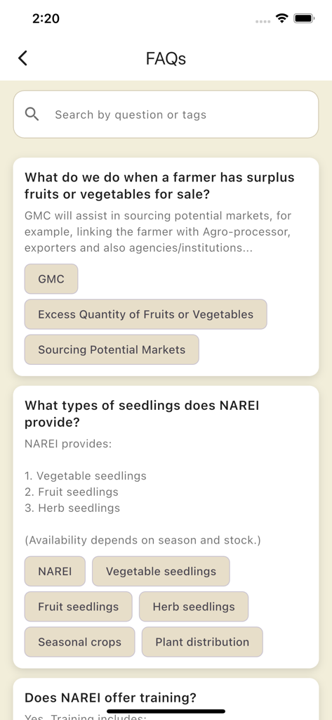 FarmersConnectGY - 농업 관련 질문과 검색창이 있는 FarmersConnectGY 앱 FAQ 화면