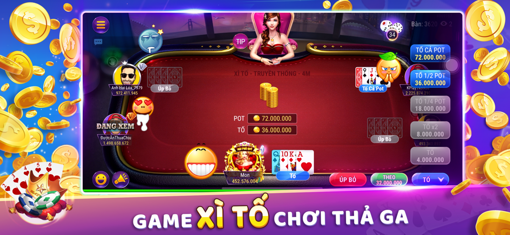 KPlay: Online Social Poker - KPlay app showing a Vietnamese poker game table with players and chips.