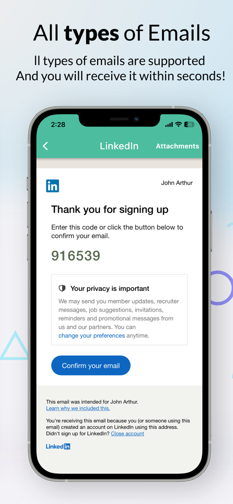 Interface of Receive SMS Online app displaying a LinkedIn verification code received through a temporary email account.