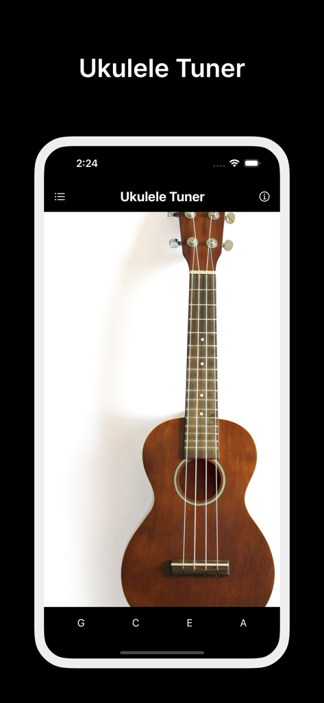 Minimalistische Benutzeroberfläche der Ukulele Tuner App für Sopranukulele mit den Stimmnoten G C E A