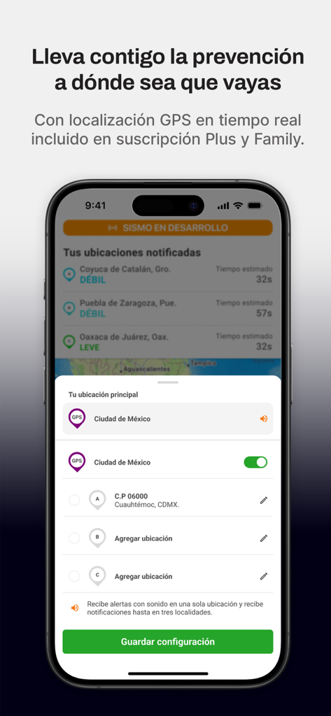 SkyAlert app interface showing real-time GPS location settings and multiple earthquake alert zones in Mexico