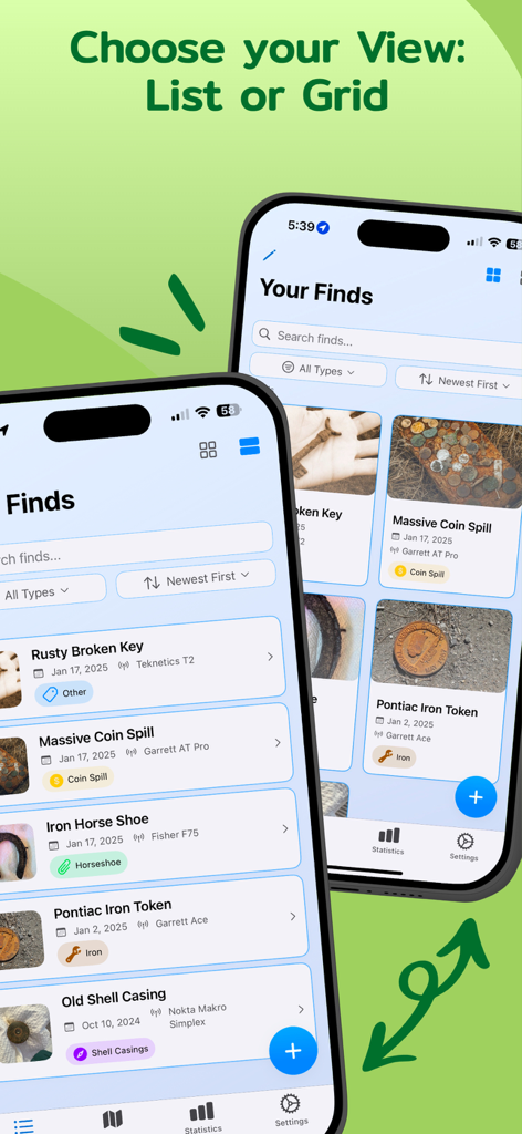Treasure Tracker - Treasure Tracker app interface showing list and grid views for organizing metal detecting finds