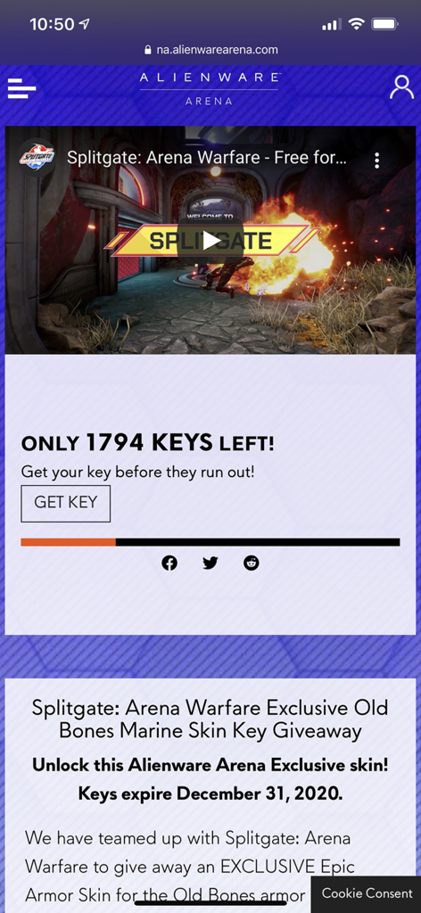 Alienware Arena - Alienware Arena app screen for a Splitgate exclusive skin key giveaway