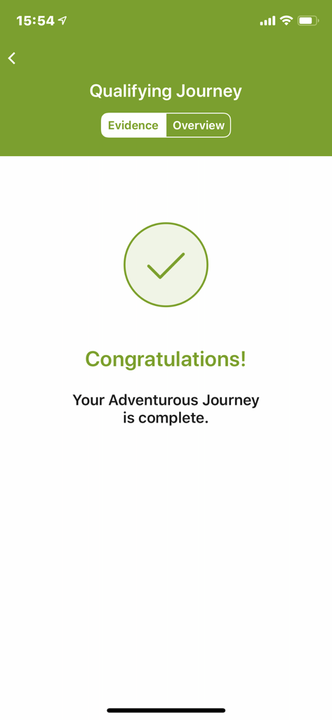 ORB Participant - ORB参加者アプリの、アドベンチャラスジャーニーセクションの完了成功メッセージが表示されている画面