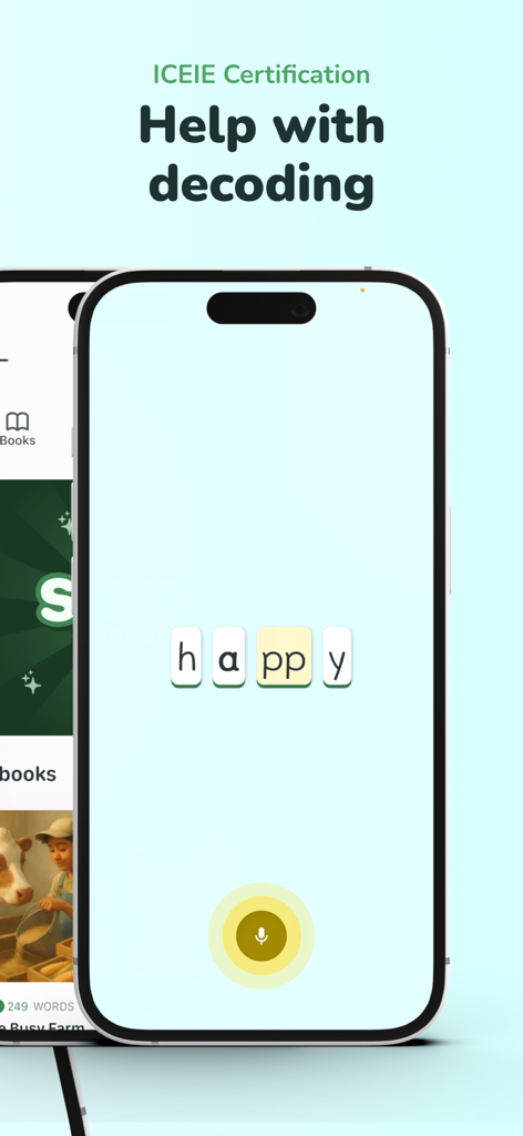 KOBI - Happy Reading - Mobile Ansicht der KOBI-App zeigt Wortzerlegungsübungen mit Phonik-Kacheln und Sprachfeedback-Symbol