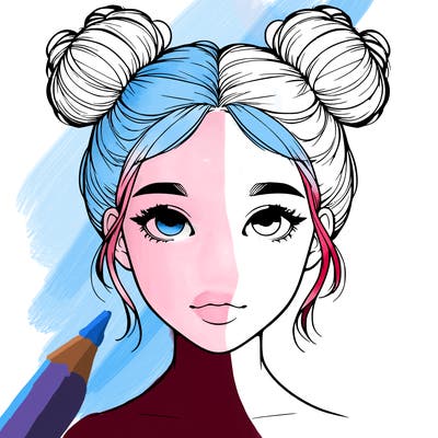 realistic girl with two buns on top of her head