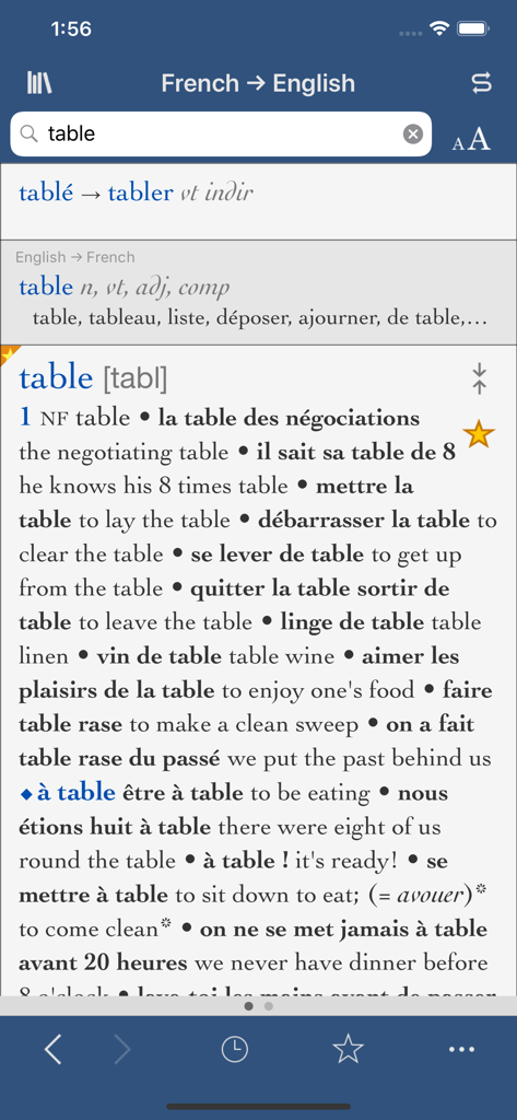 Collins-Robert Concise - Captura de tela do aplicativo Collins-Robert French-English Dictionary mostrando uma entrada detalhada da palavra table com traduções e exemplos de uso.