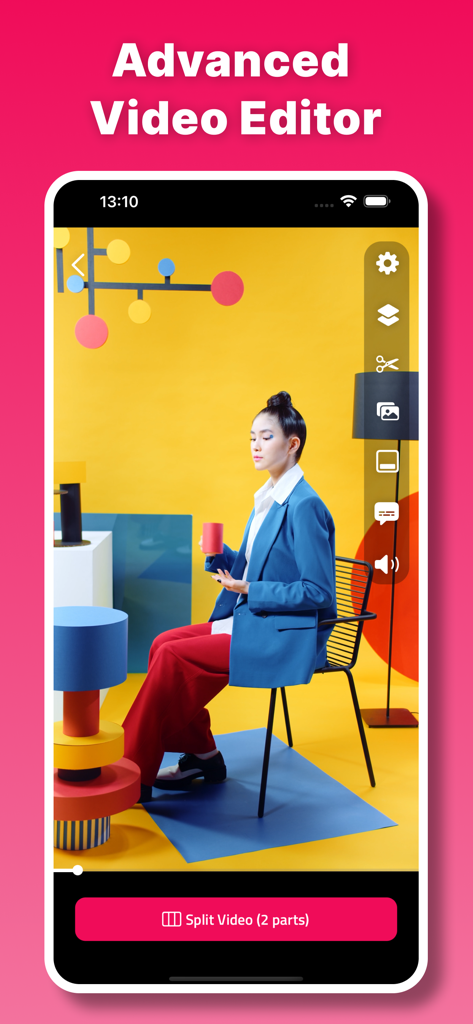 Split Video: Story Cutter - Split Video Story Cutter app interface displaying advanced editing tools and a button to split a video into two parts