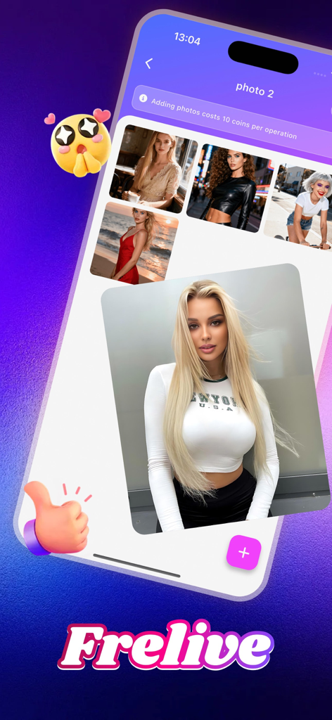 Frelive - Frelive app interface displaying a photo album with a modern gradient design and a notification about coin based photo operations