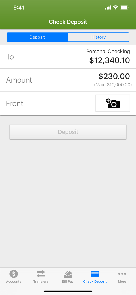 OurFirstFed mobile banking app check deposit interface