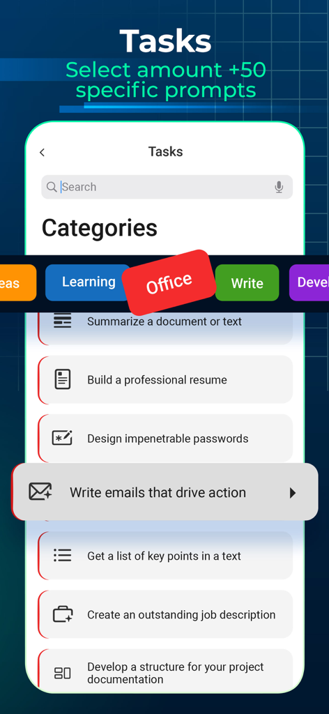 AI Chat PDF - Office docs bot - Mobile app screen showing various AI productivity task categories and specific prompts for office work and writing.
